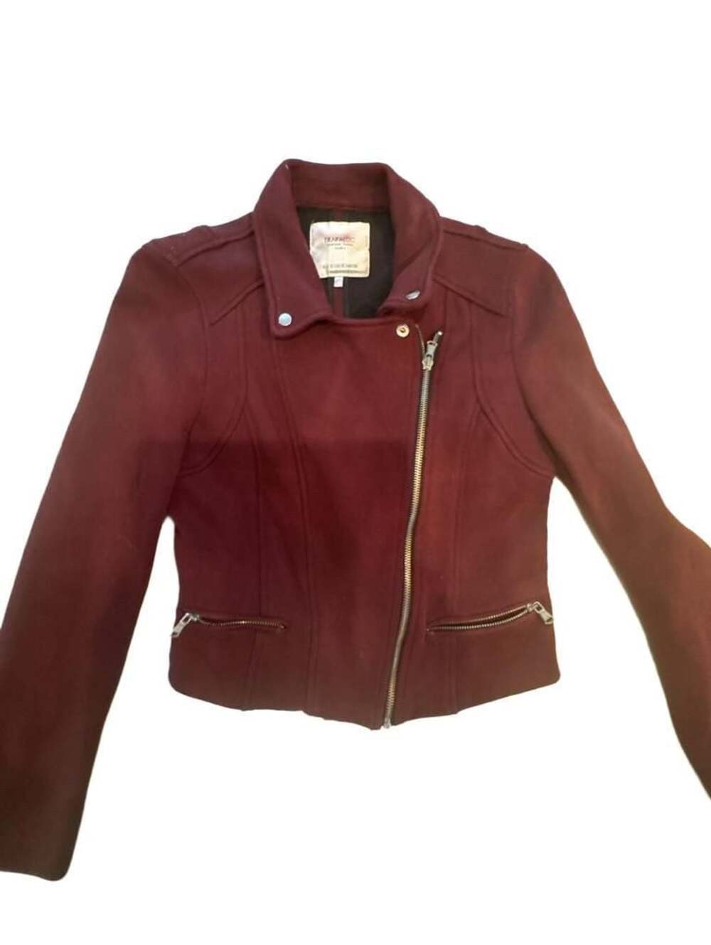 Zara Trafaluc Burgundy Faux Suede Moto Jacket Size S